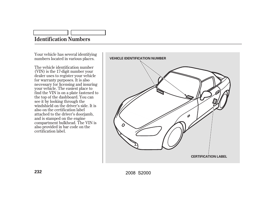 Identification numbers | HONDA 2008 S2000 - Owner's Manual User Manual | Page 235 / 268