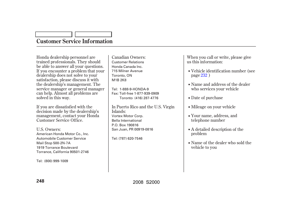 Customer service information | HONDA 2008 S2000 - Owner's Manual User Manual | Page 251 / 268