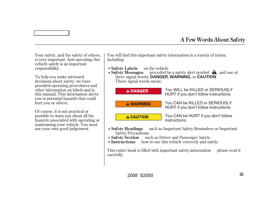 A few words about safety | HONDA 2008 S2000 - Owner's Manual User Manual | Page 3 / 268