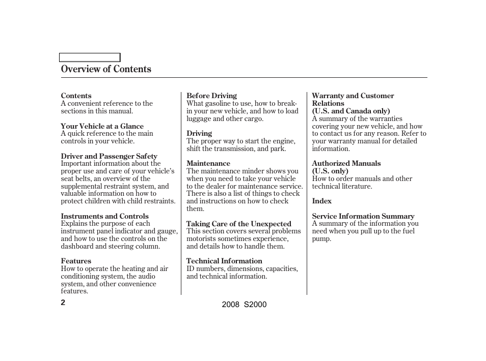 Overview of contents | HONDA 2008 S2000 - Owner's Manual User Manual | Page 5 / 268