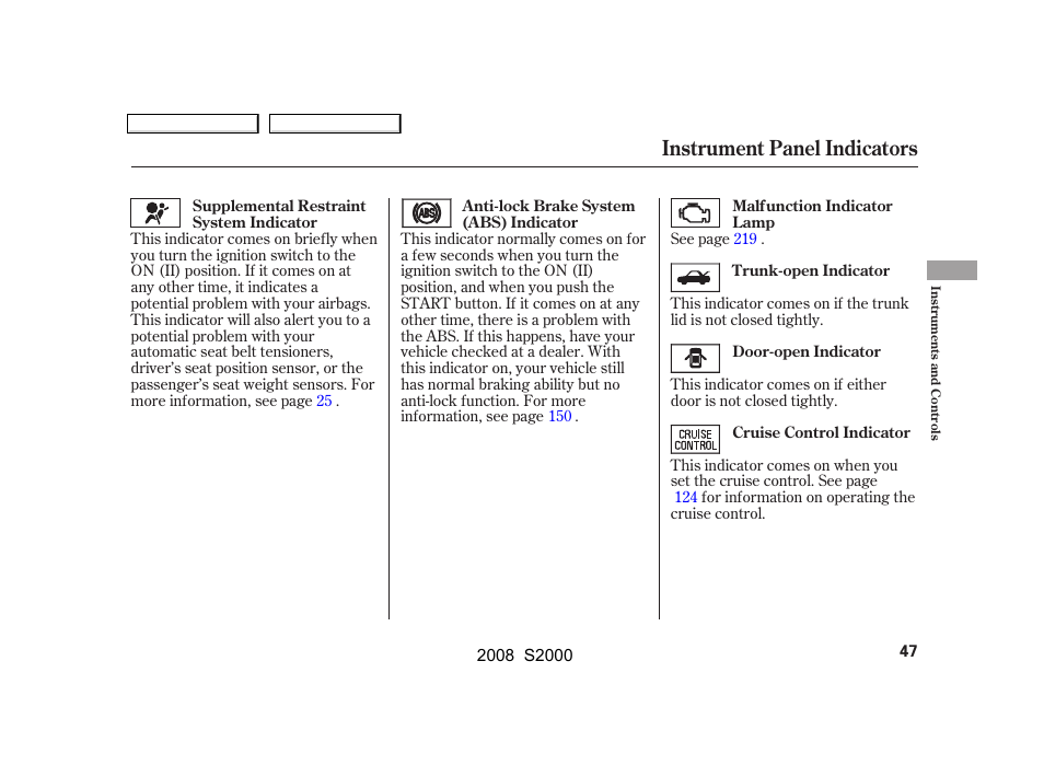 Instrument panel indicators | HONDA 2008 S2000 - Owner's Manual User Manual | Page 50 / 268