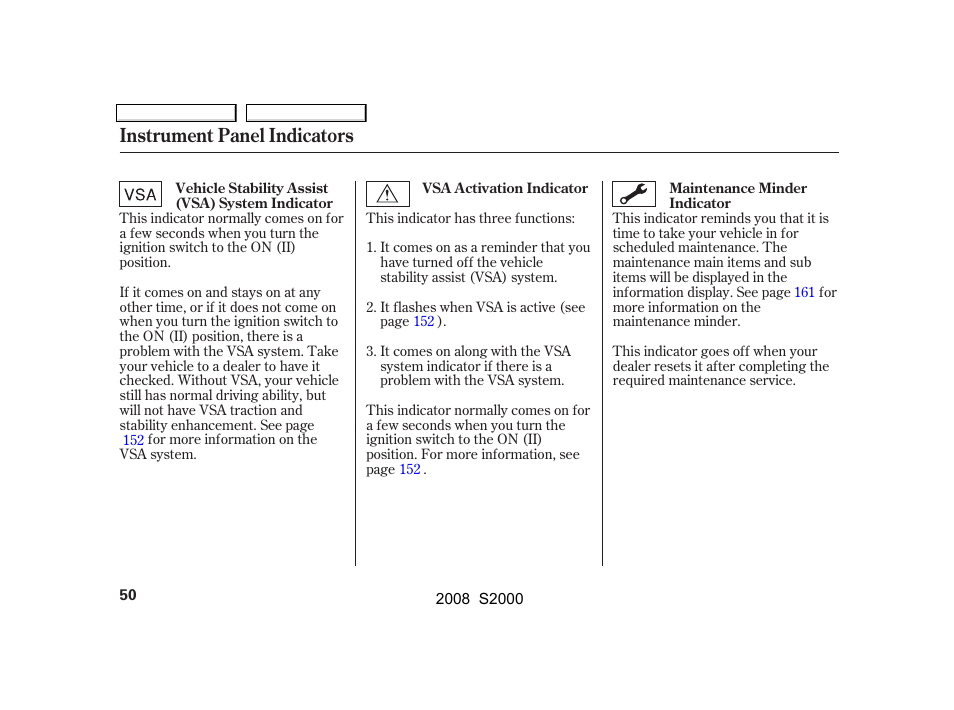 Instrument panel indicators | HONDA 2008 S2000 - Owner's Manual User Manual | Page 53 / 268