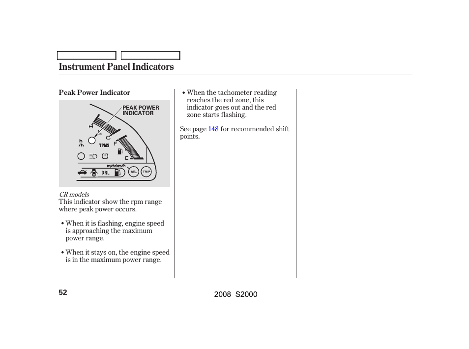 Instrument panel indicators | HONDA 2008 S2000 - Owner's Manual User Manual | Page 55 / 268