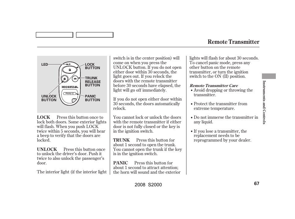 Remote transmitter | HONDA 2008 S2000 - Owner's Manual User Manual | Page 70 / 268