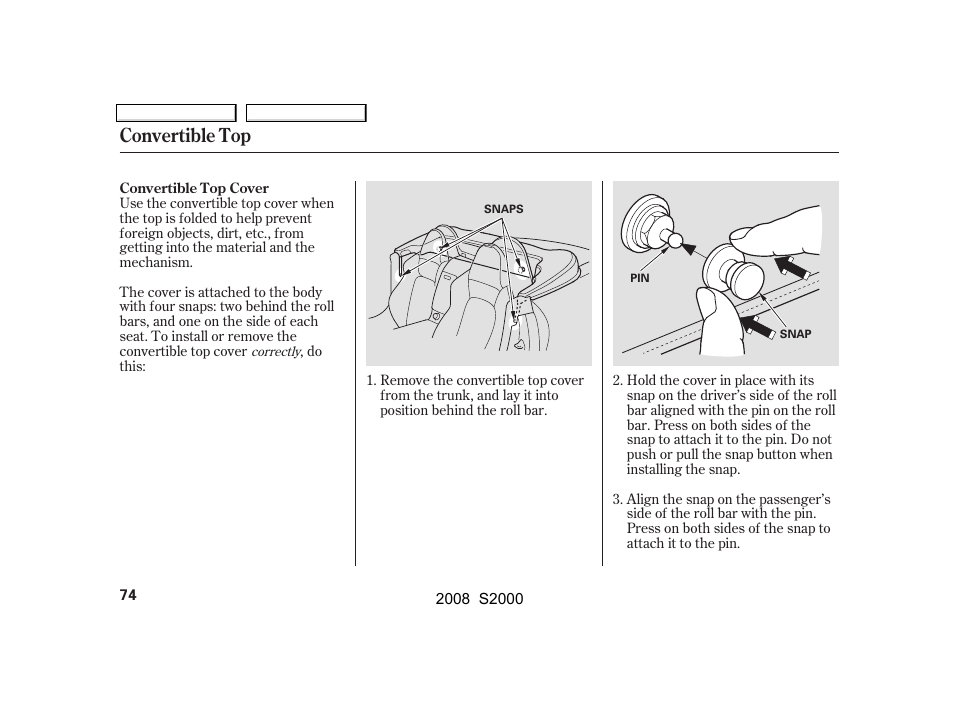 Convertible top | HONDA 2008 S2000 - Owner's Manual User Manual | Page 77 / 268