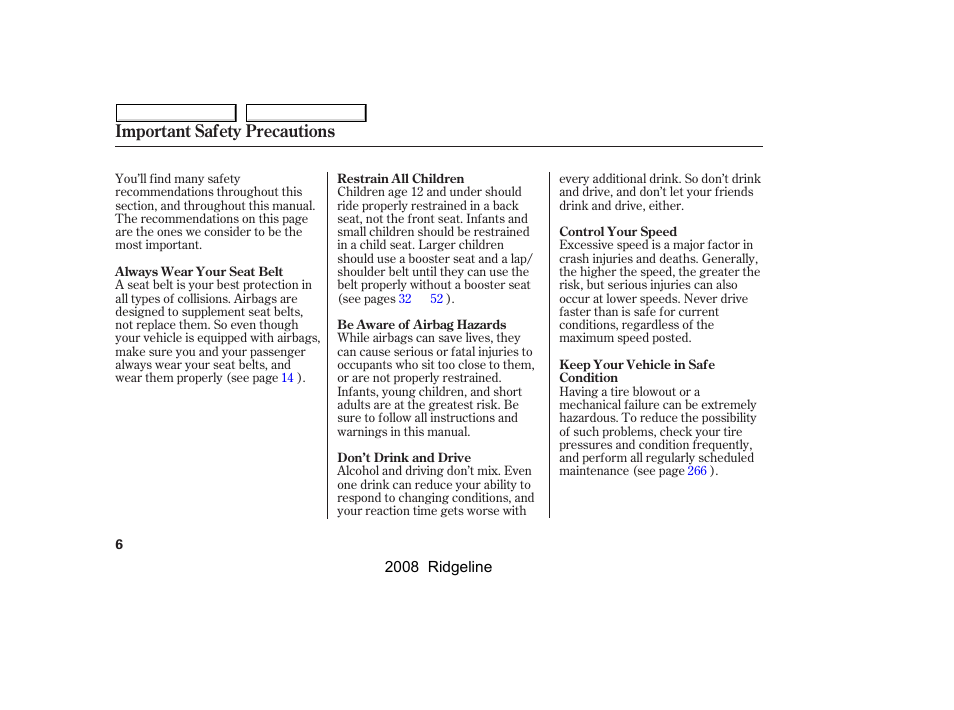 Important safety precautions | HONDA 2008 Ridgeline - Owner's Manual User Manual | Page 10 / 341