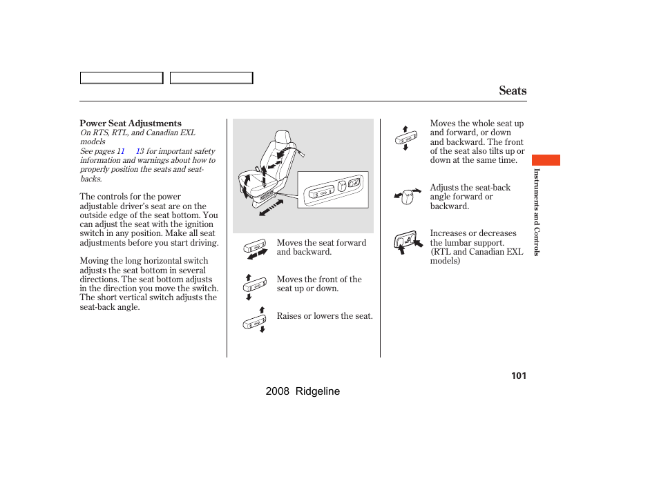 Seats, 2008 ridgeline | HONDA 2008 Ridgeline - Owner's Manual User Manual | Page 105 / 341