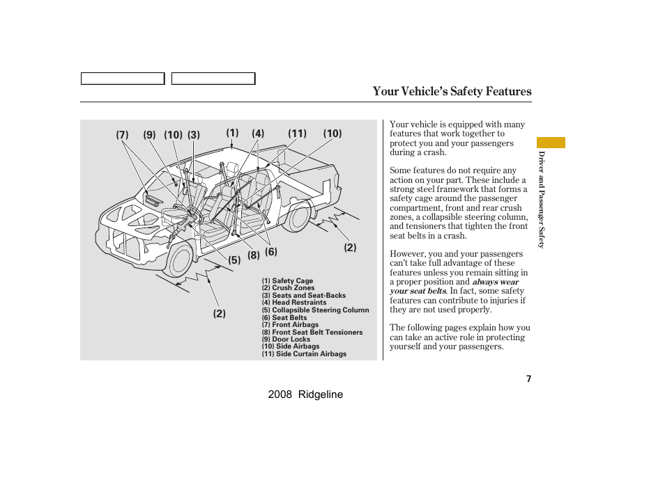 Your vehicle’s safety features | HONDA 2008 Ridgeline - Owner's Manual User Manual | Page 11 / 341