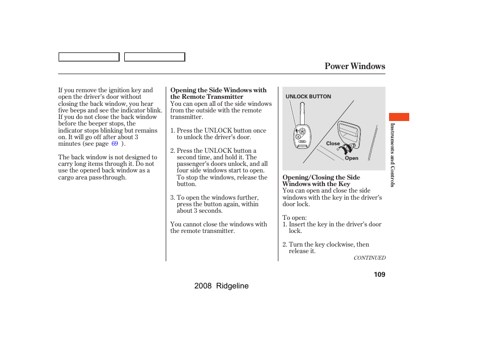 Power windows, 2008 ridgeline | HONDA 2008 Ridgeline - Owner's Manual User Manual | Page 113 / 341