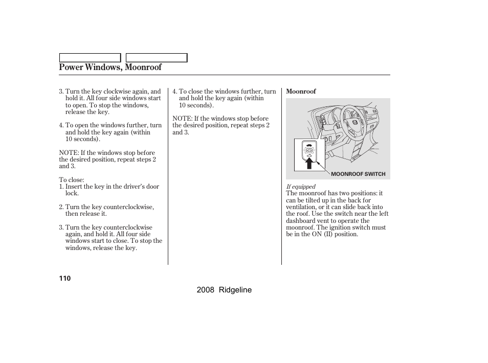 Power windows, moonroof | HONDA 2008 Ridgeline - Owner's Manual User Manual | Page 114 / 341