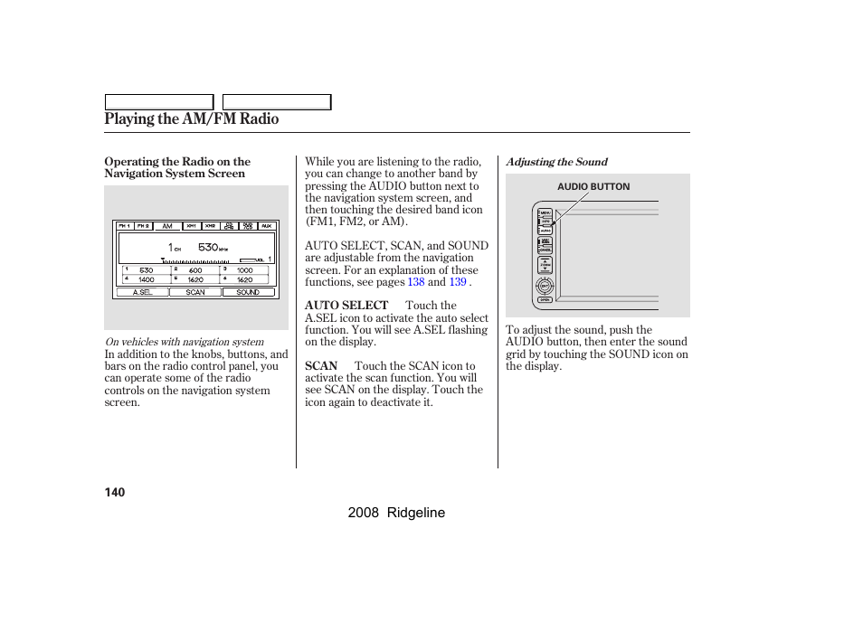 Playing the am/fm radio | HONDA 2008 Ridgeline - Owner's Manual User Manual | Page 144 / 341