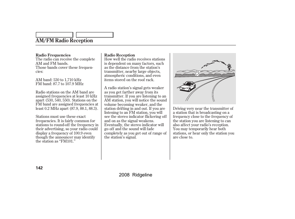 Am/fm radio reception | HONDA 2008 Ridgeline - Owner's Manual User Manual | Page 146 / 341