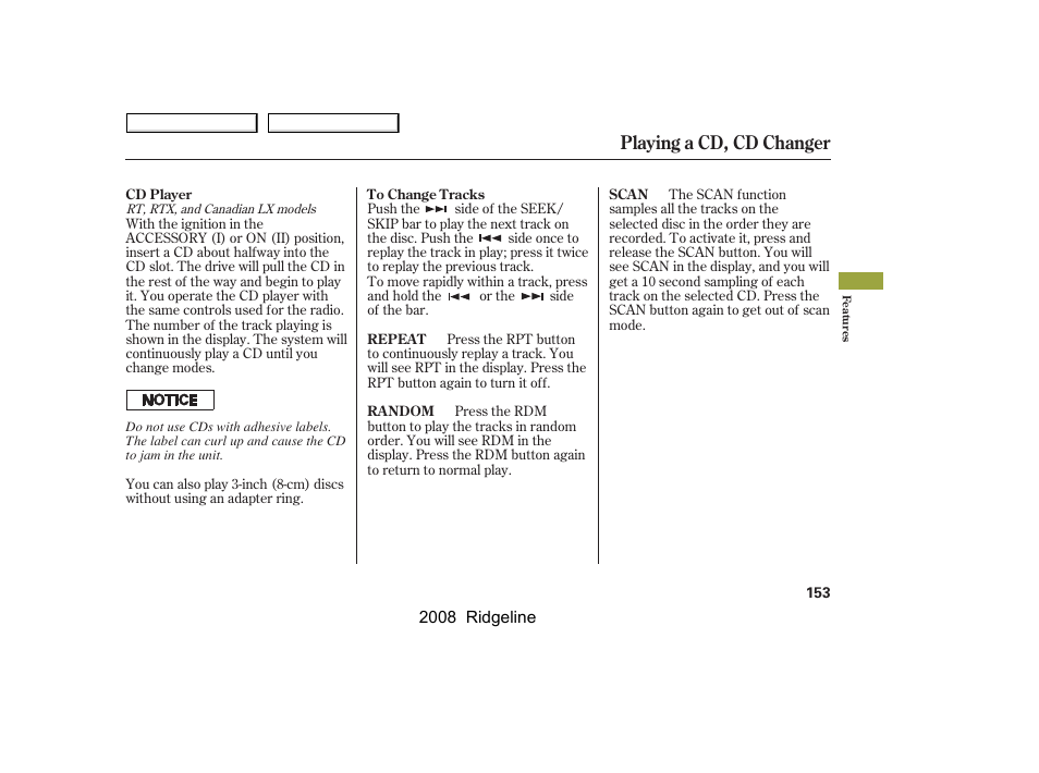 Playing a cd, cd changer | HONDA 2008 Ridgeline - Owner's Manual User Manual | Page 157 / 341