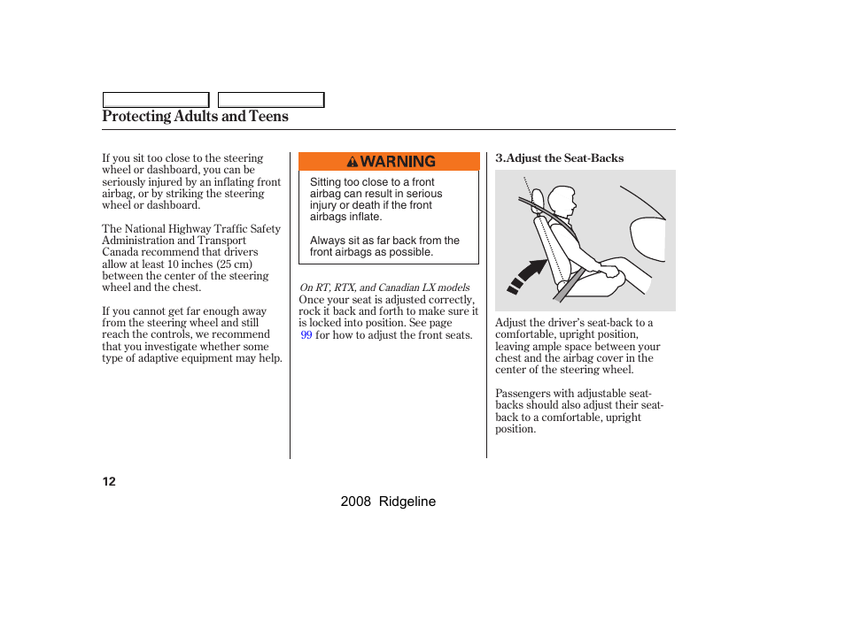 Protecting adults and teens | HONDA 2008 Ridgeline - Owner's Manual User Manual | Page 16 / 341