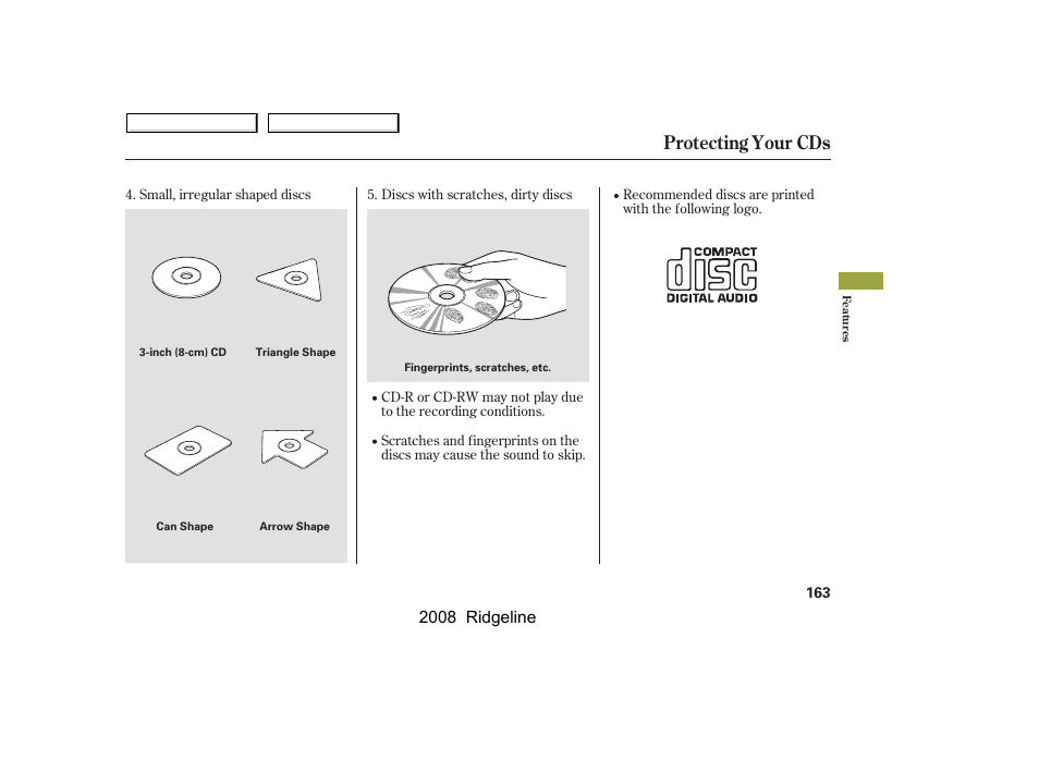 Protecting your cds, 2008 ridgeline | HONDA 2008 Ridgeline - Owner's Manual User Manual | Page 167 / 341