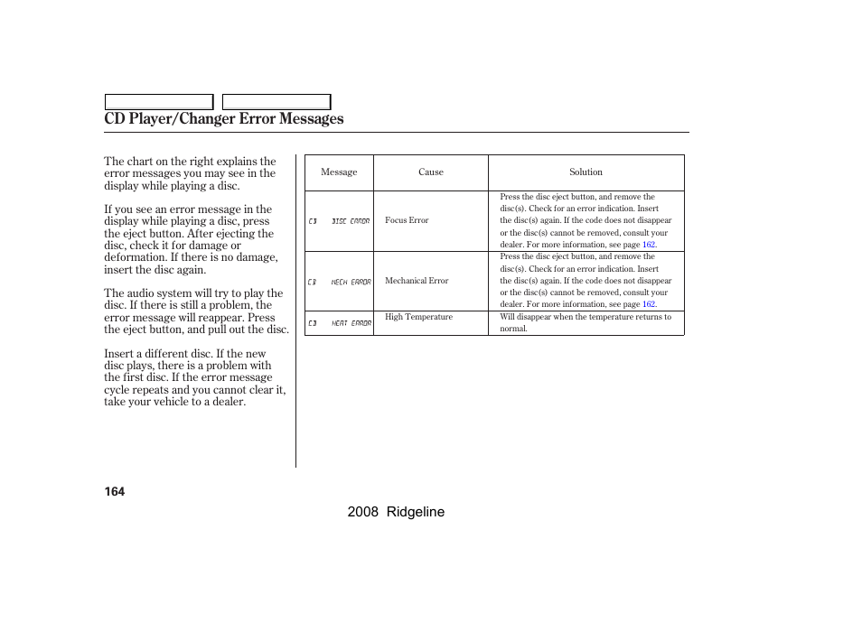Cd player/changer error messages, 2008 ridgeline | HONDA 2008 Ridgeline - Owner's Manual User Manual | Page 168 / 341