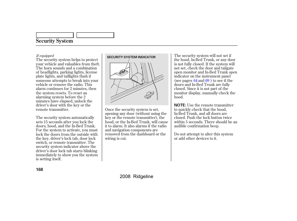 Security system | HONDA 2008 Ridgeline - Owner's Manual User Manual | Page 172 / 341