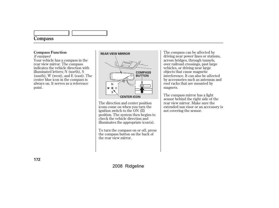 Compass | HONDA 2008 Ridgeline - Owner's Manual User Manual | Page 176 / 341
