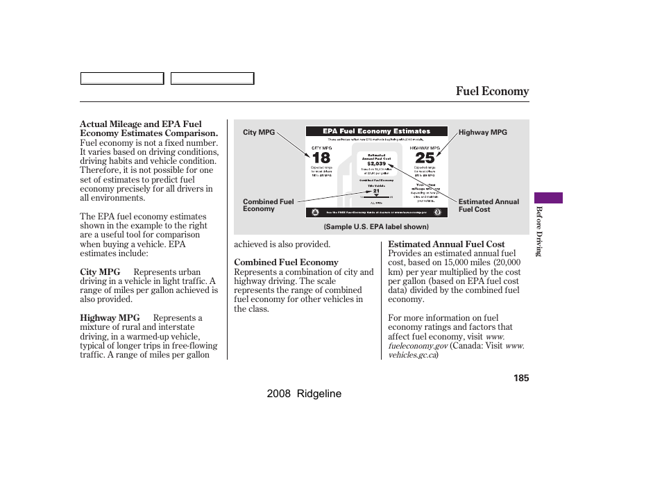 Fuel economy, 2008 ridgeline | HONDA 2008 Ridgeline - Owner's Manual User Manual | Page 189 / 341