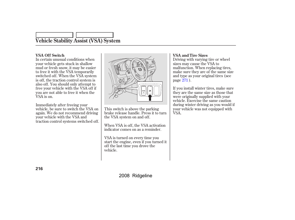 Vehicle stability assist (vsa) system | HONDA 2008 Ridgeline - Owner's Manual User Manual | Page 220 / 341