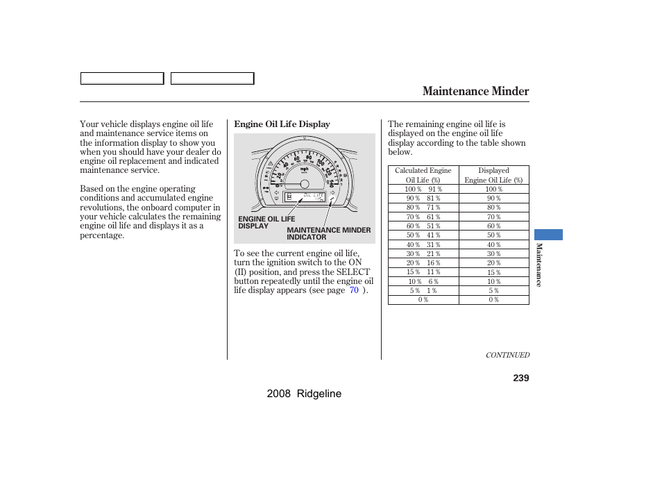 Maintenance minder, 2008 ridgeline | HONDA 2008 Ridgeline - Owner's Manual User Manual | Page 243 / 341