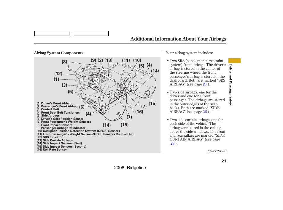 Additional information about your airbags | HONDA 2008 Ridgeline - Owner's Manual User Manual | Page 25 / 341