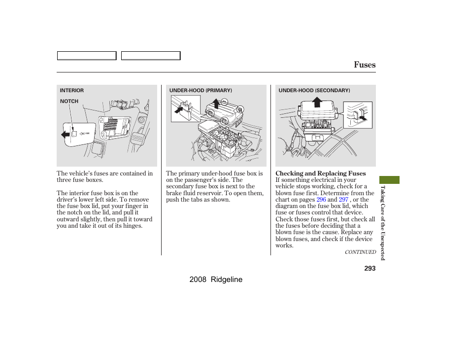 Fuses, 2008 ridgeline | HONDA 2008 Ridgeline - Owner's Manual User Manual | Page 297 / 341