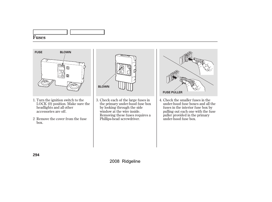 Fuses | HONDA 2008 Ridgeline - Owner's Manual User Manual | Page 298 / 341