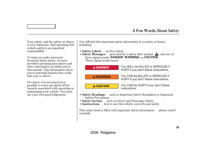 A few words about safety | HONDA 2008 Ridgeline - Owner's Manual User Manual | Page 3 / 341
