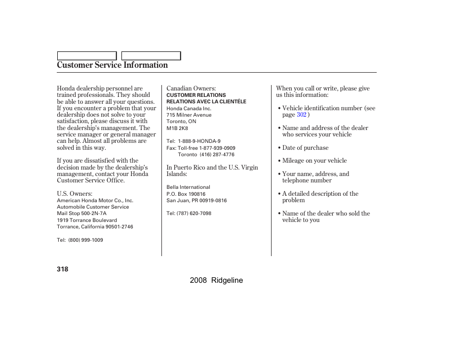 Customer service information | HONDA 2008 Ridgeline - Owner's Manual User Manual | Page 322 / 341