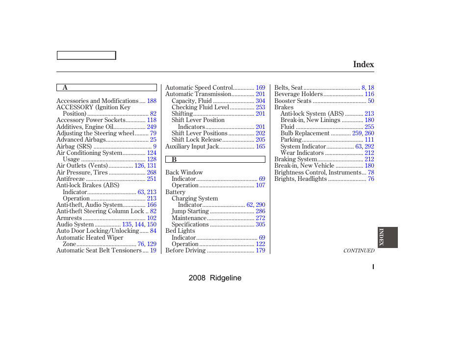Index | HONDA 2008 Ridgeline - Owner's Manual User Manual | Page 327 / 341