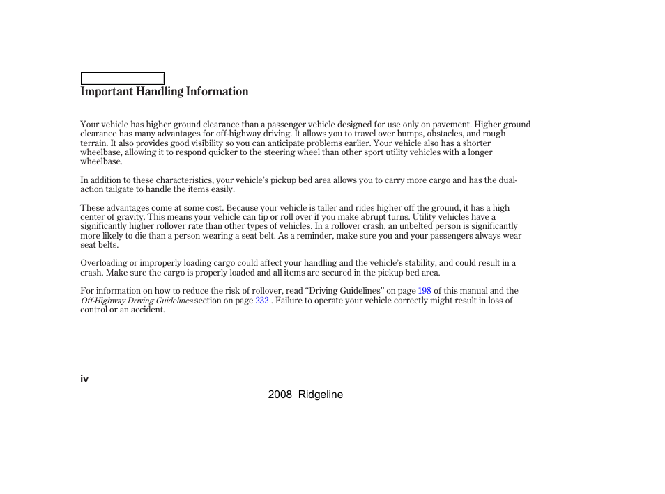 Important handling information | HONDA 2008 Ridgeline - Owner's Manual User Manual | Page 4 / 341