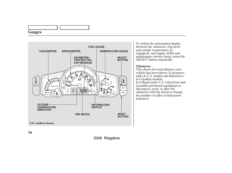 Gauges, 2008 ridgeline | HONDA 2008 Ridgeline - Owner's Manual User Manual | Page 74 / 341