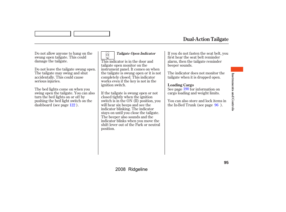 Dual-action tailgate, 2008 ridgeline | HONDA 2008 Ridgeline - Owner's Manual User Manual | Page 99 / 341