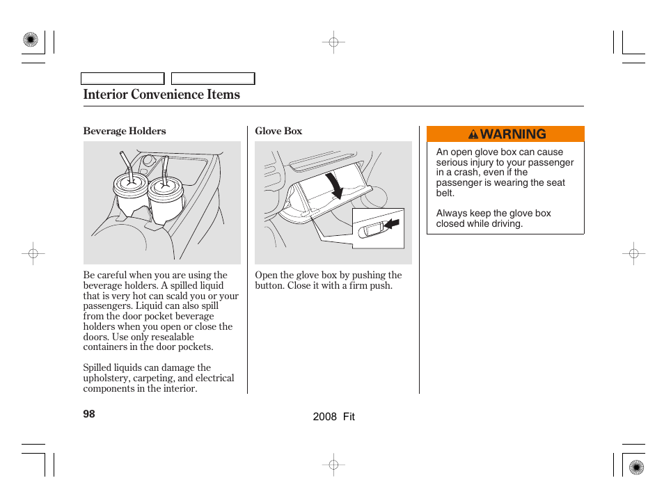 Interior convenience items | HONDA 2008 Fit - Owner's Manual User Manual | Page 101 / 280