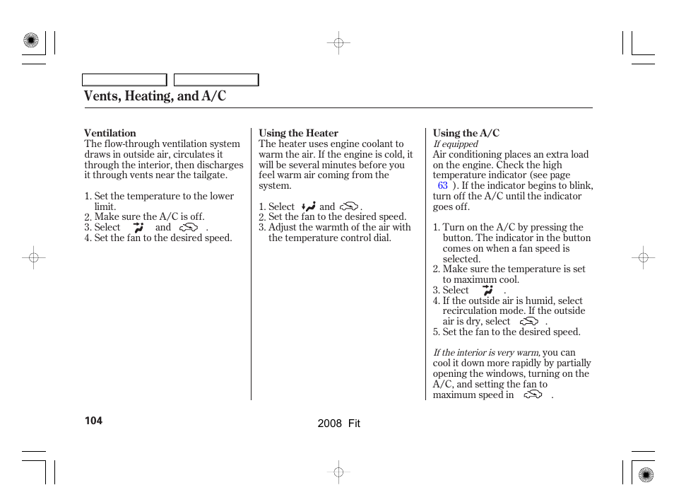 Vents, heating, and a/c | HONDA 2008 Fit - Owner's Manual User Manual | Page 107 / 280