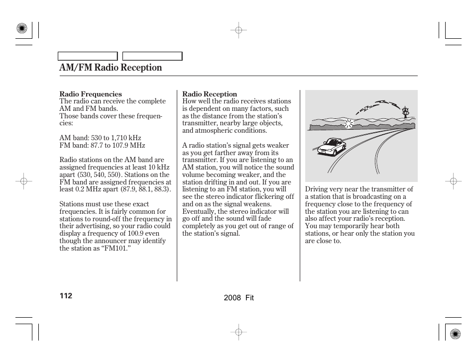 Am/fm radio reception | HONDA 2008 Fit - Owner's Manual User Manual | Page 115 / 280