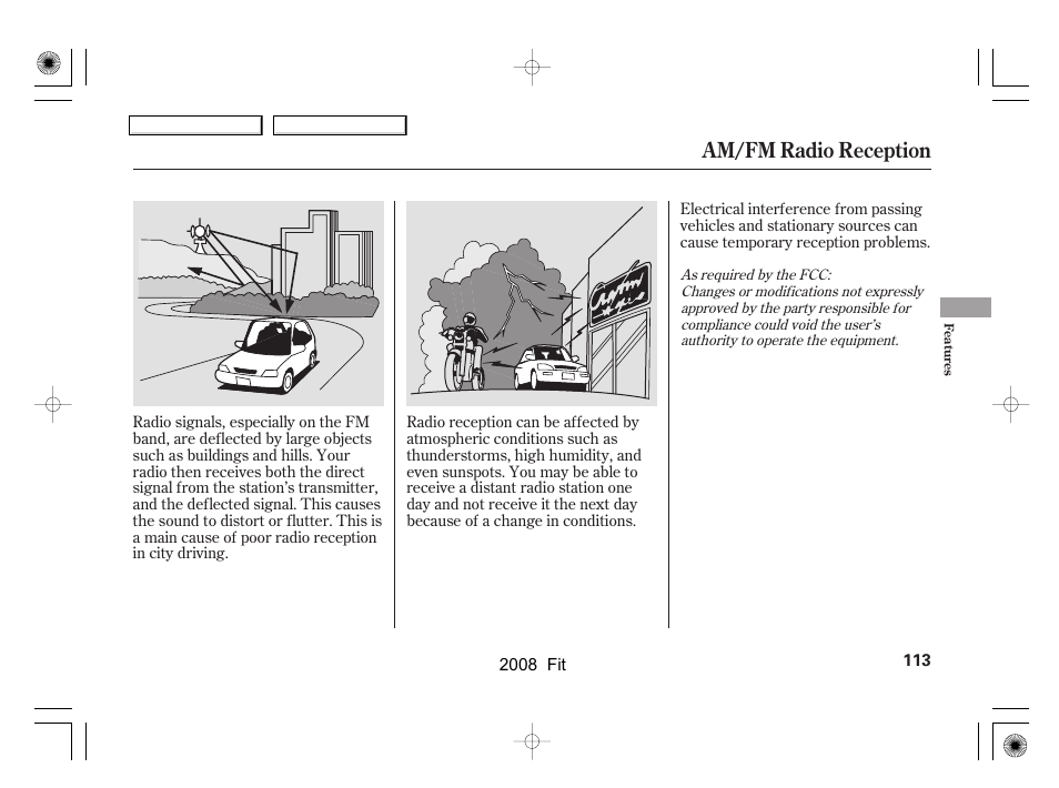 Am/fm radio reception | HONDA 2008 Fit - Owner's Manual User Manual | Page 116 / 280