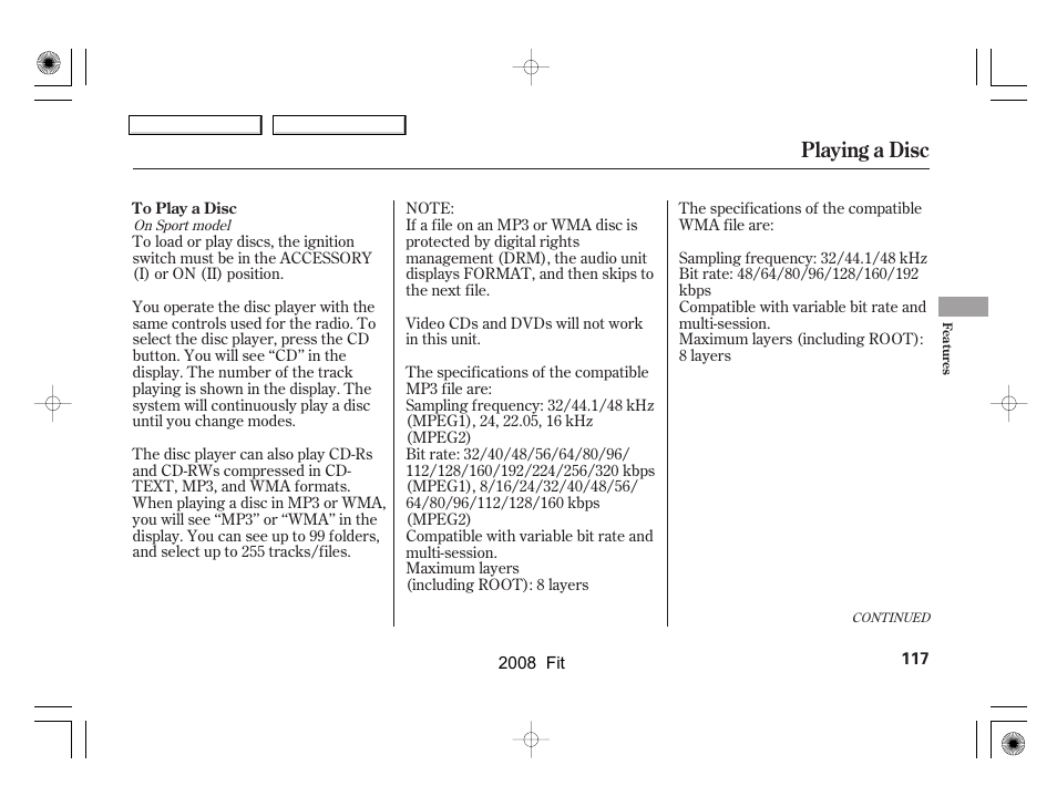 Playing a disc | HONDA 2008 Fit - Owner's Manual User Manual | Page 120 / 280