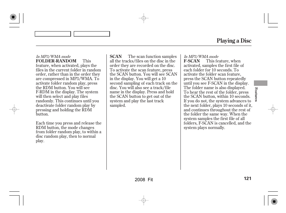 Playing a disc | HONDA 2008 Fit - Owner's Manual User Manual | Page 124 / 280