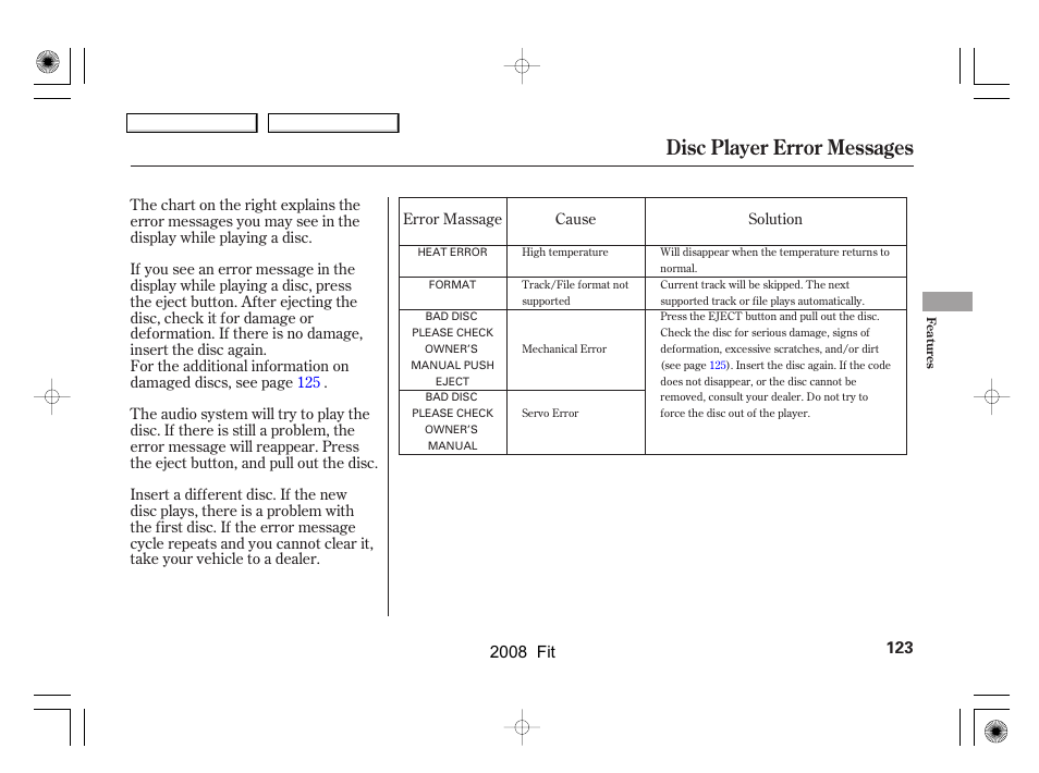 Disc player error messages, 2008 fit | HONDA 2008 Fit - Owner's Manual User Manual | Page 126 / 280