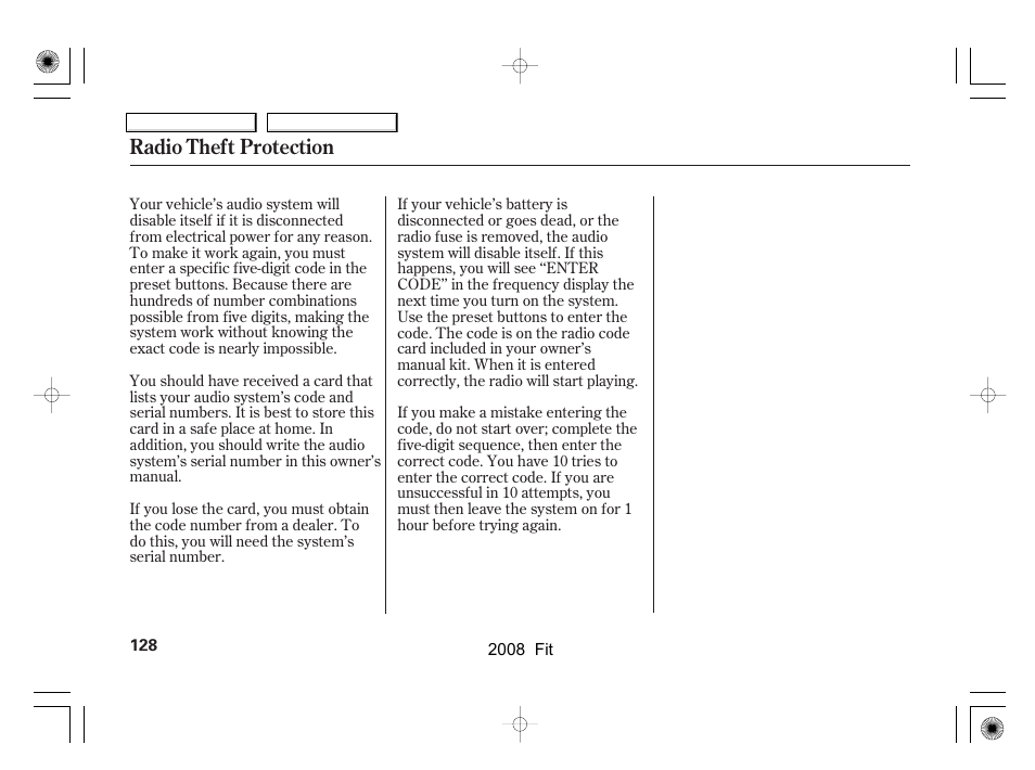 Radio theft protection | HONDA 2008 Fit - Owner's Manual User Manual | Page 131 / 280