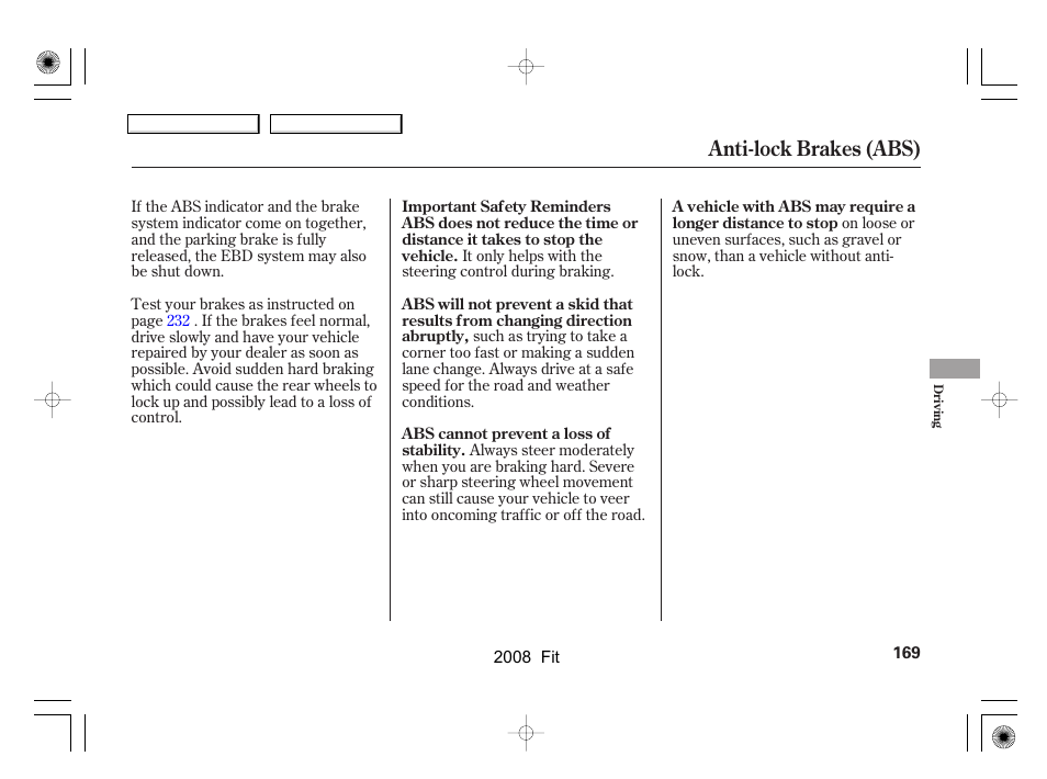 Anti-lock brakes (abs) | HONDA 2008 Fit - Owner's Manual User Manual | Page 172 / 280