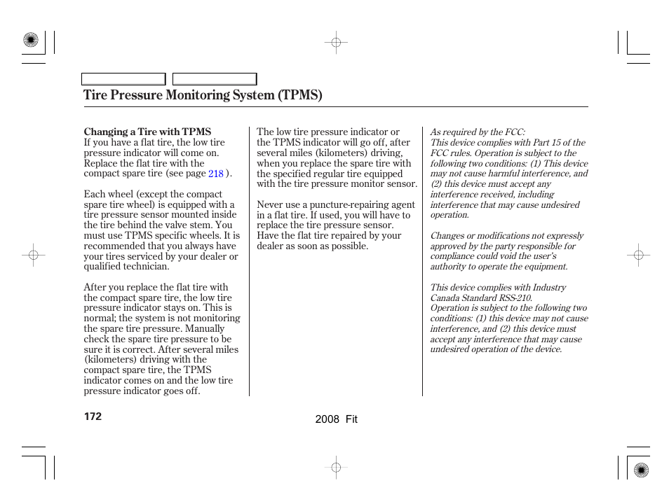 Tire pressure monitoring system (tpms) | HONDA 2008 Fit - Owner's Manual User Manual | Page 175 / 280