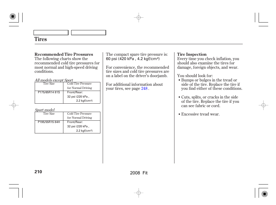 Tires | HONDA 2008 Fit - Owner's Manual User Manual | Page 213 / 280