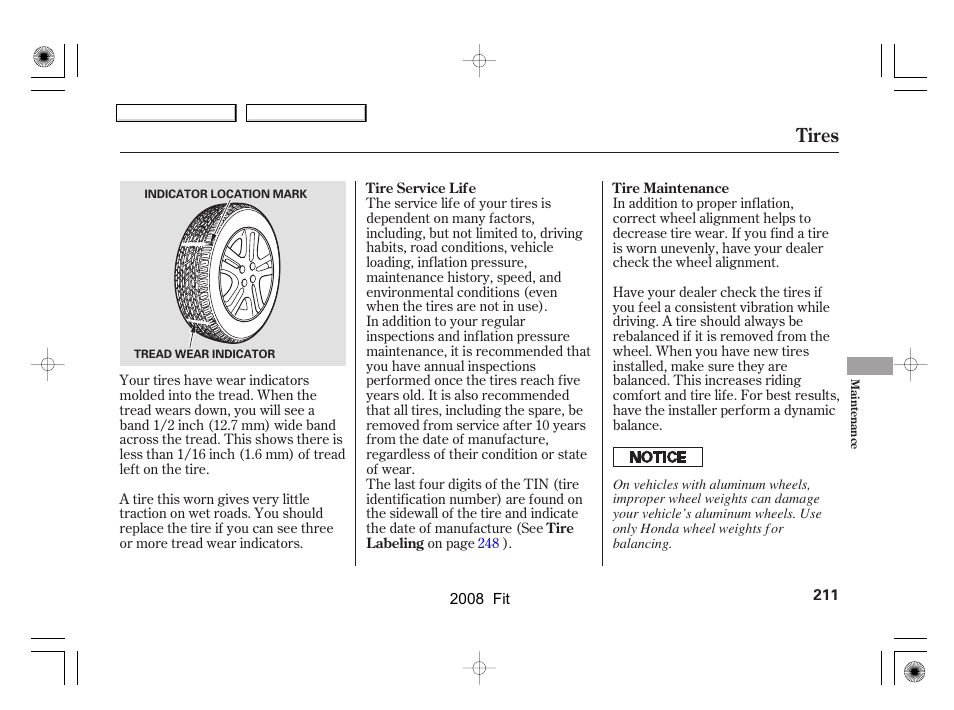 Tires | HONDA 2008 Fit - Owner's Manual User Manual | Page 214 / 280