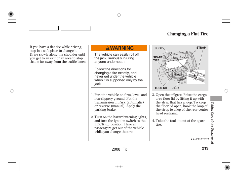 Changing a flat tire | HONDA 2008 Fit - Owner's Manual User Manual | Page 222 / 280