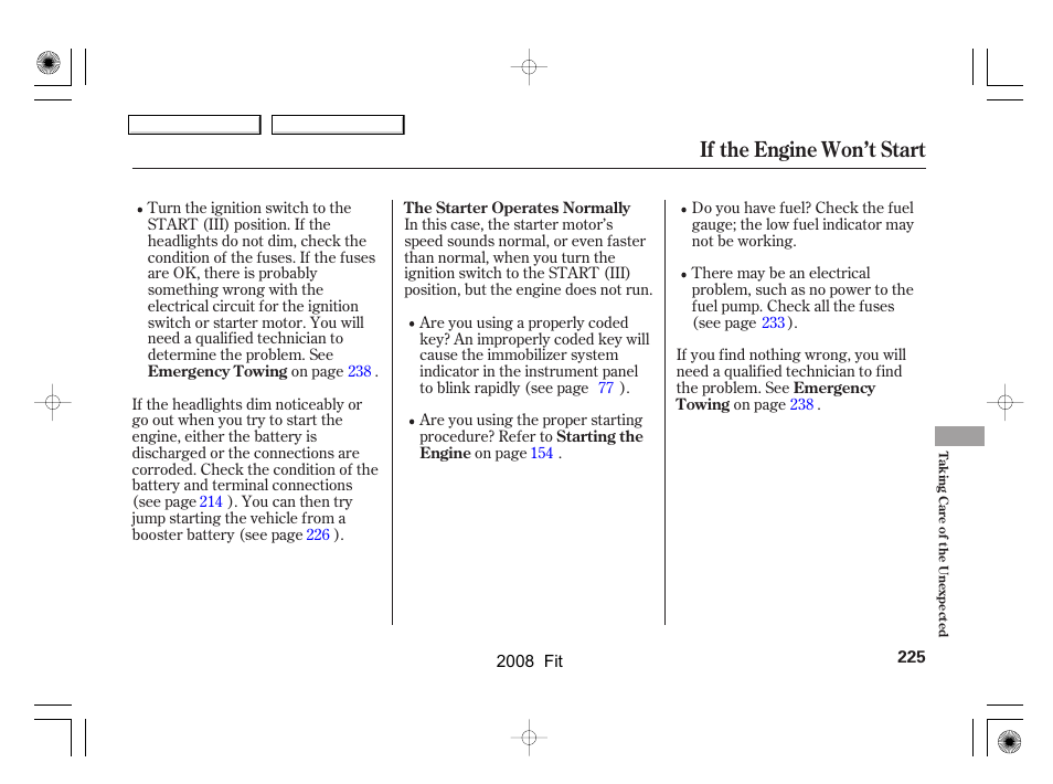 If the engine won’t start | HONDA 2008 Fit - Owner's Manual User Manual | Page 228 / 280