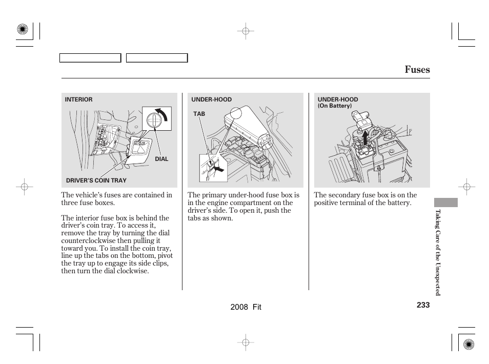 Fuses | HONDA 2008 Fit - Owner's Manual User Manual | Page 236 / 280