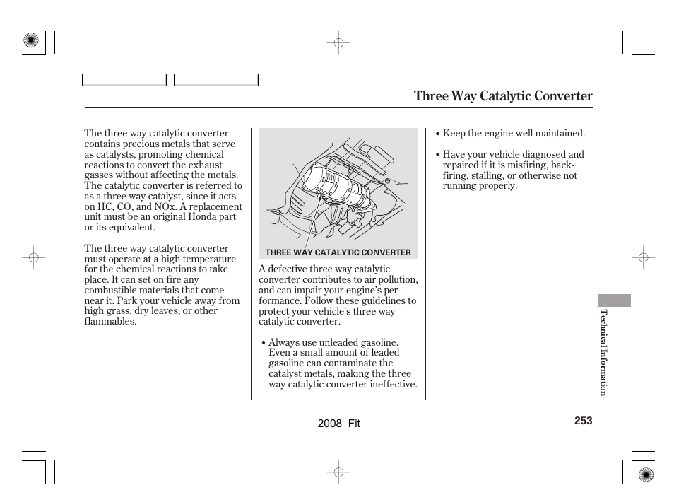 Three way catalytic converter | HONDA 2008 Fit - Owner's Manual User Manual | Page 256 / 280